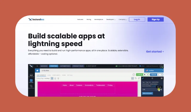 Interface de la plateforme Backendless