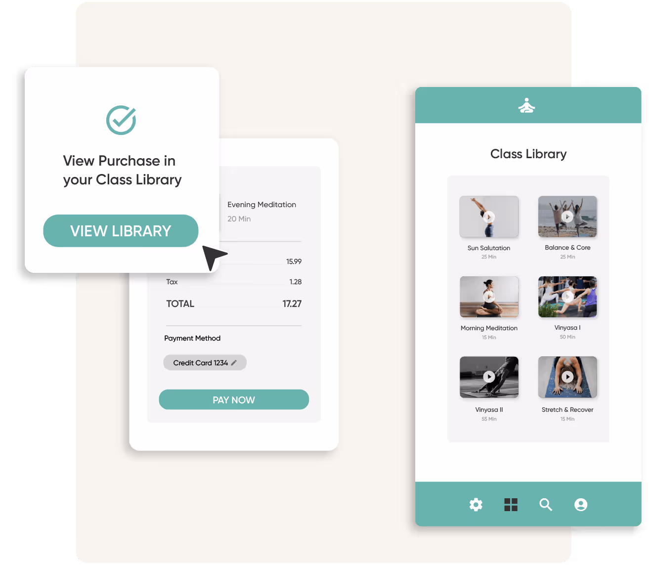 Una pantalla de teléfono muestra una biblioteca de clases de yoga. Al lado del teléfono hay un conjunto de pantallas de pago y un cursor comprando una clase de la biblioteca.