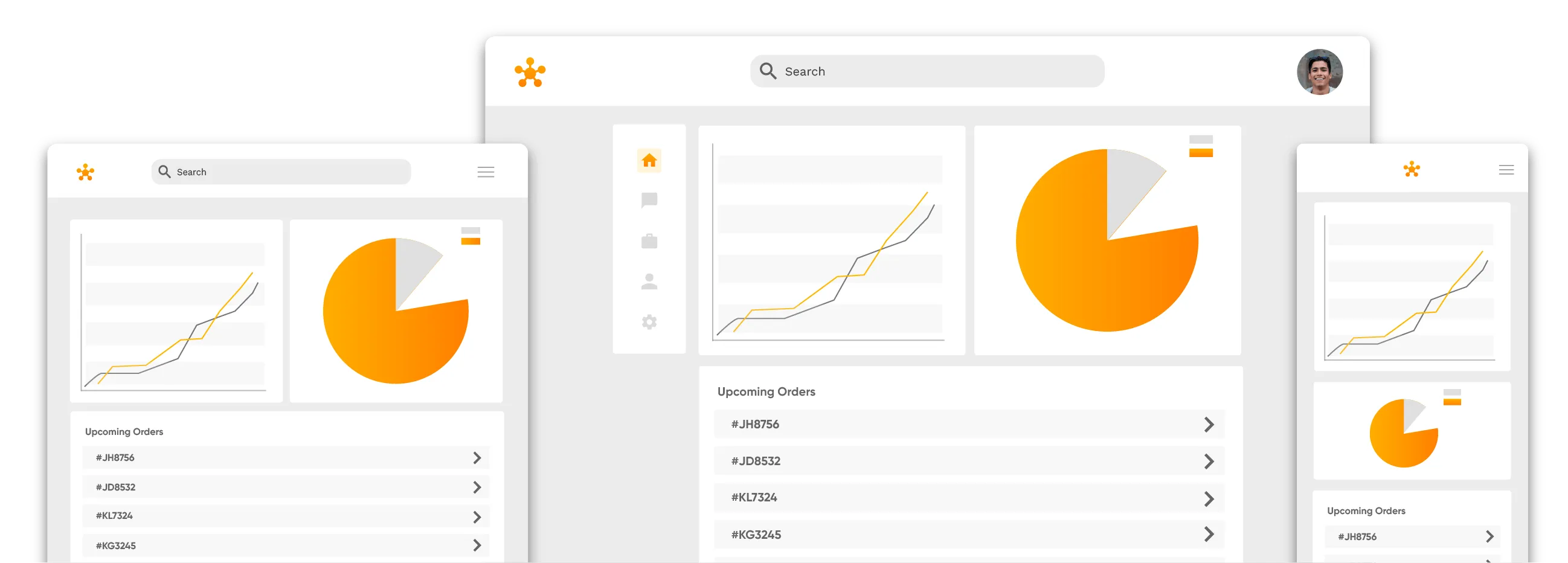 Pantallas web, tablet y teléfono simplificadas que muestran un panel de control empresarial. El panel tiene gráficos y una lista de pedidos próximos.