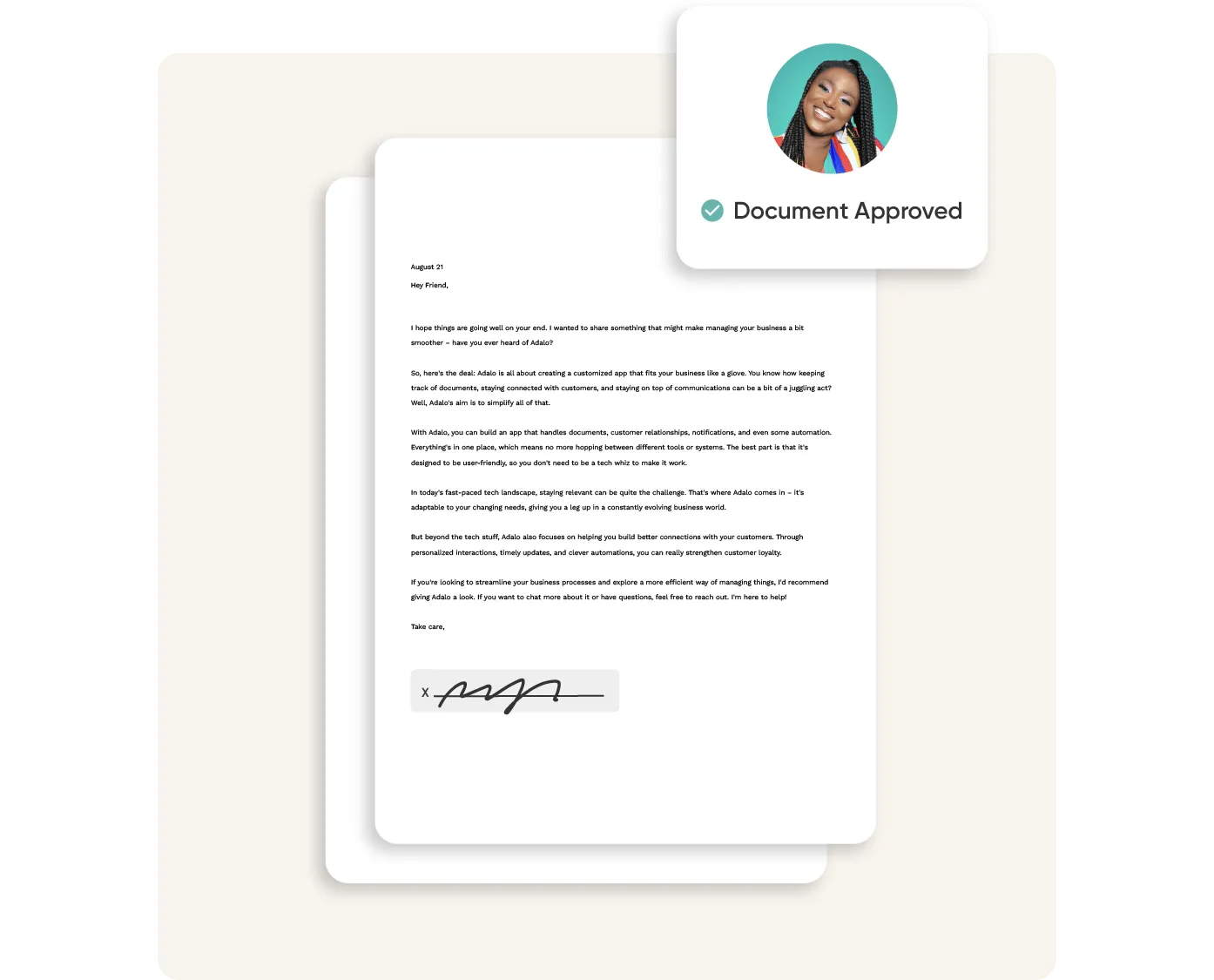 Un documento recibe una firma y una marca de aprobación.