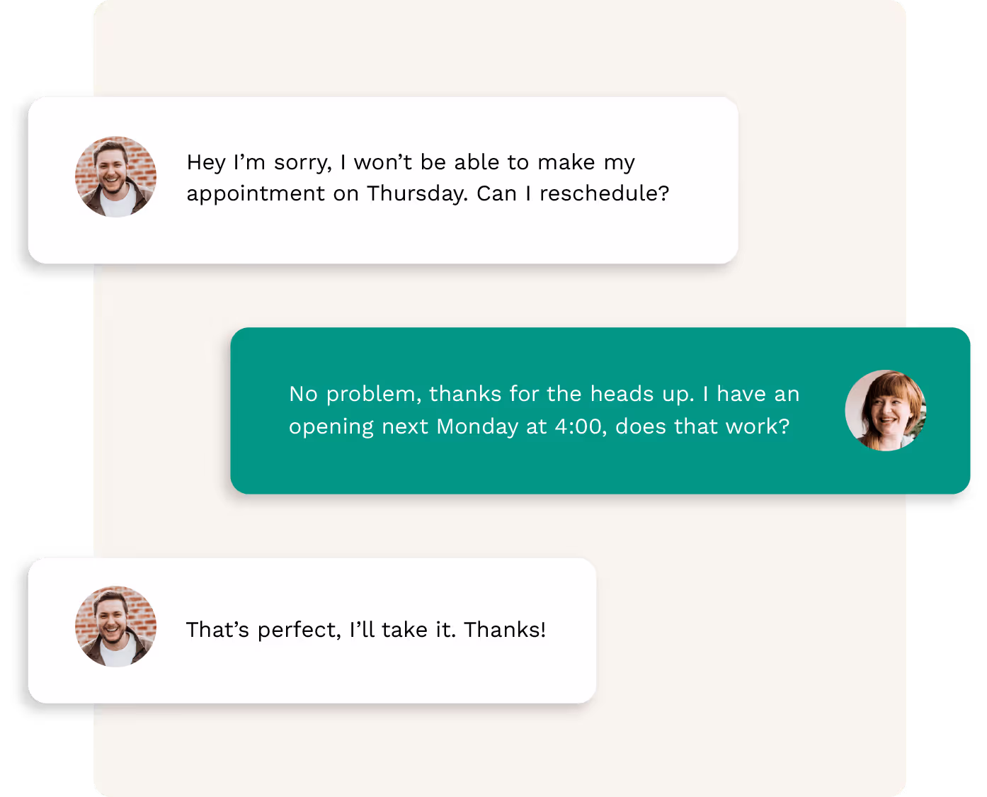 Mensajes entre dos usuarios. Un usuario necesita reprogramar una cita y el otro ofrece una hora para reprogramar.