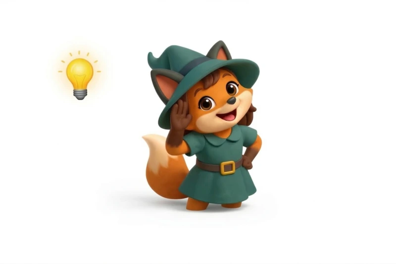 Ada the AI fox mascot with a lightbulb — ideation phase
